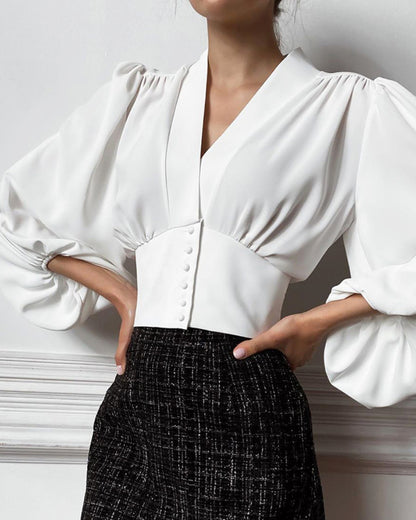 Elegant V-neck Lantern Sleeve Button Shirts