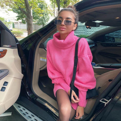 Knit Lantern Sleeve High Collar Sweater Mini Dresses