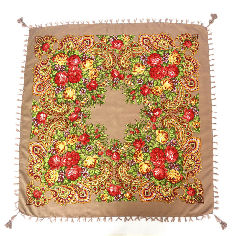 Ethnic Flower Print Square Scarf Shawl Fringed Scarves for Women Ladies Girls
