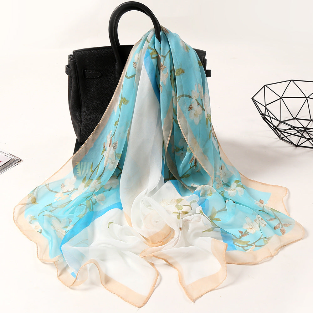 Lotus Printed Long Thin Silk Scarf for Women