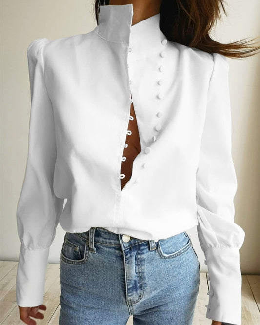 Single-breasted Round Neck Puff Sleeve Mandarin Collar Shirts