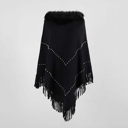 Tassel Fringed Pullover Bead Fur Collar Sweater Cloak Shawl Cape