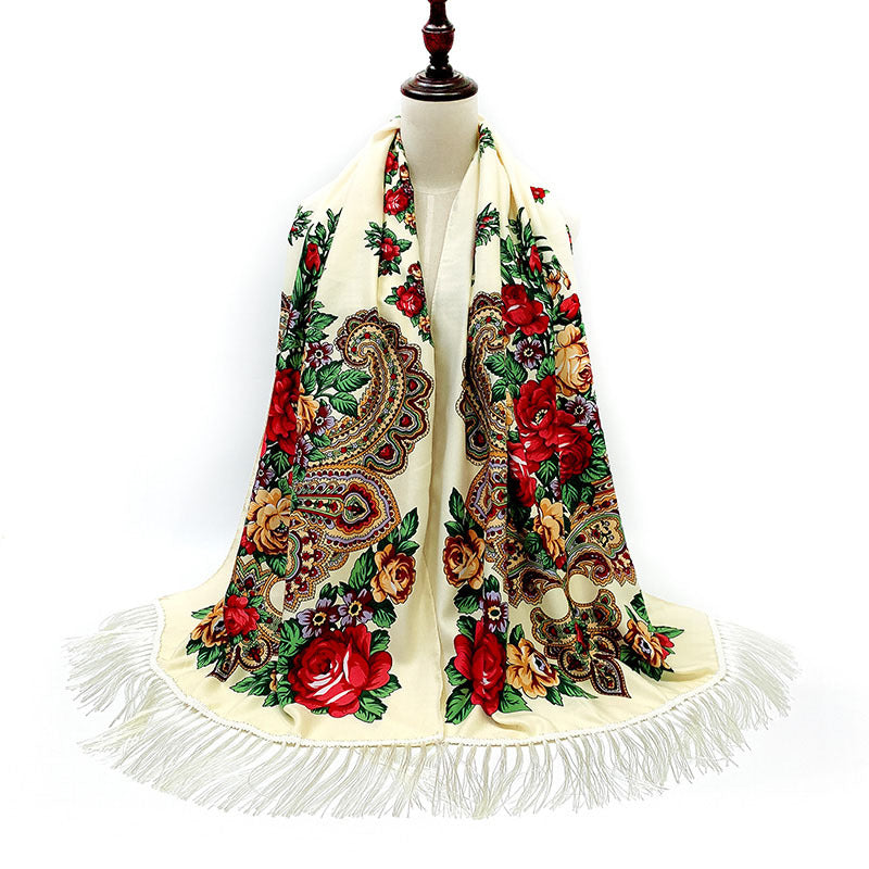 Ethnic Retro Flower Long Scarf Shawl Fringed Scarves for Women Ladies Girls