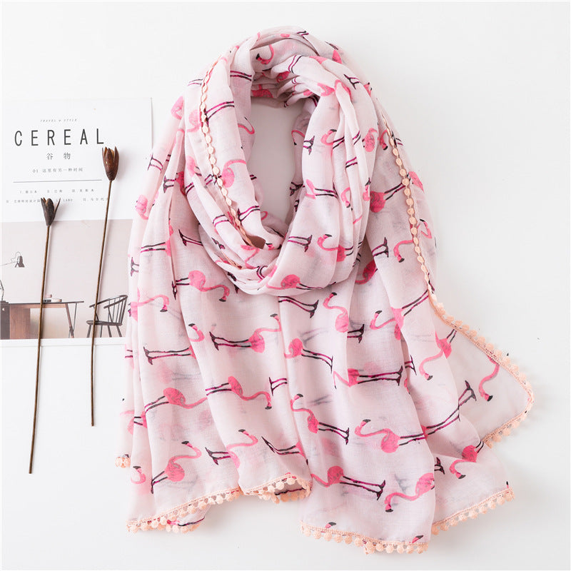 Tassel Printed Leaf Flowers Flamingo Scarf Ethnic Shawl for Women Ladies Girls