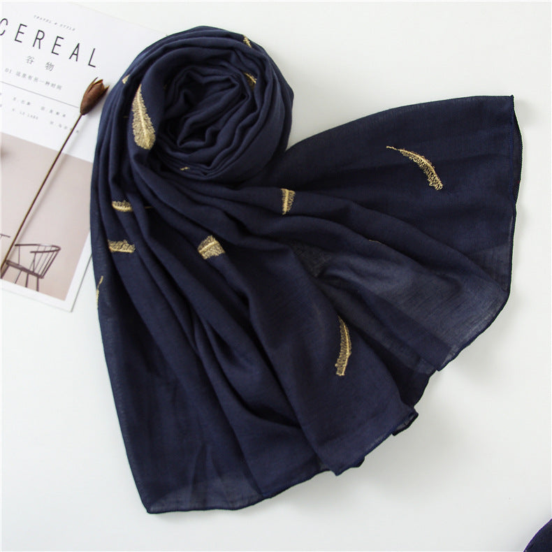 Feather Embroidered Cotton Scarf Shawl for Women Ladies Girls