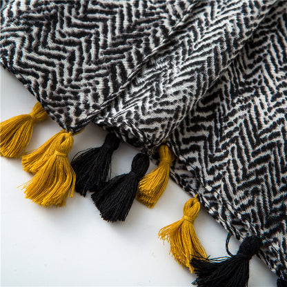 Tassel Grey Printed Cotton Scarf Shawl for Women Ladies Girls