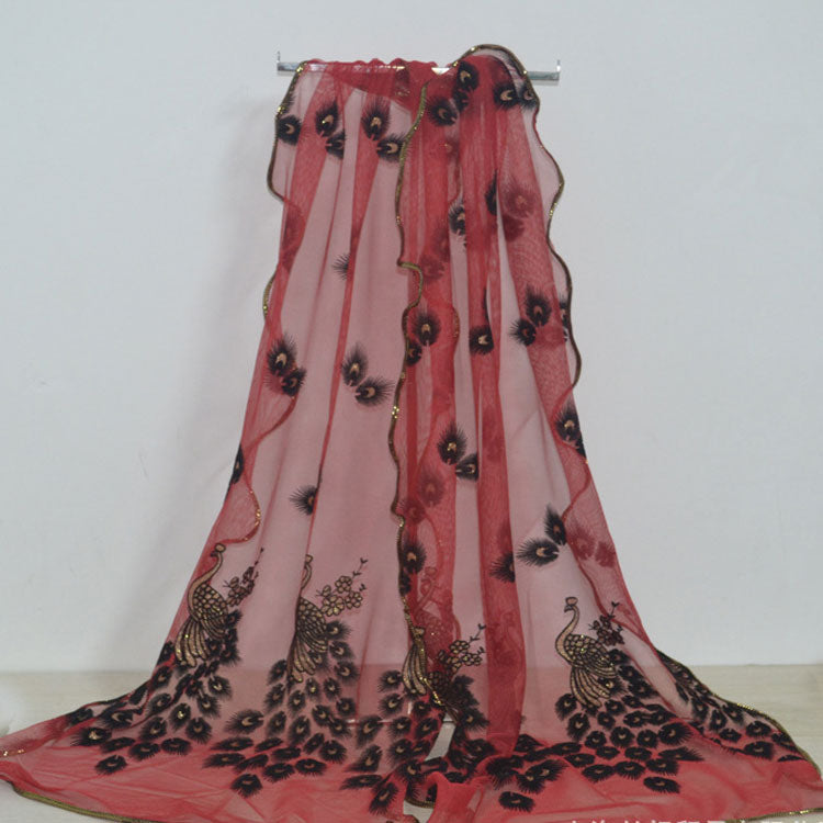 Fashion Lace Scarf Net Yarn Printing Peacock Stitching Flocking Phoenix Scarf for Women Ladies Girls