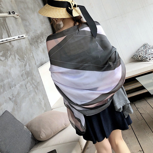 Simple Line Geometric Pattern Silk Scarf Silky Shawl Wrap for Women Ladies Girls 90x180