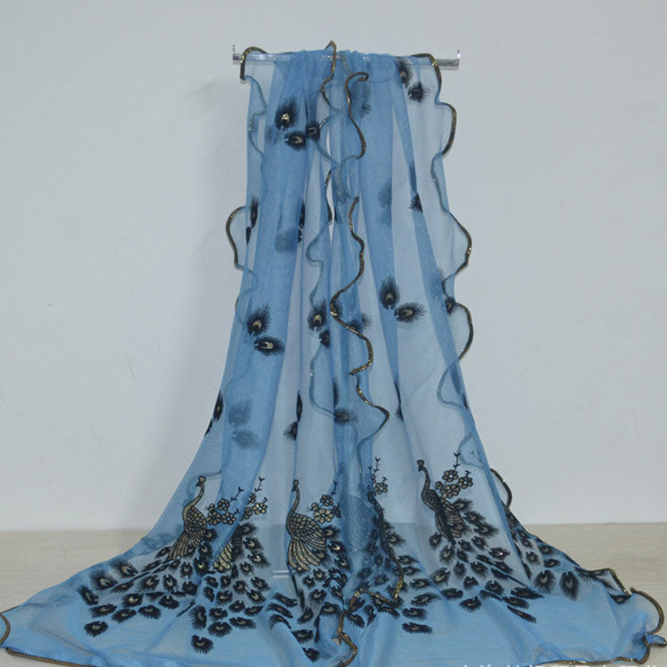 Fashion Lace Scarf Net Yarn Printing Peacock Stitching Flocking Phoenix Scarf for Women Ladies Girls