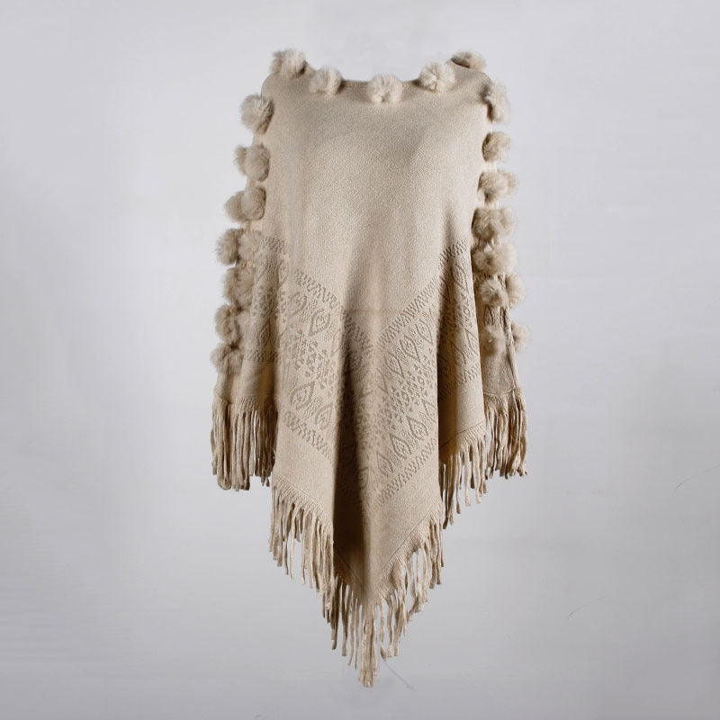 Floral Tassel Fringed Pullover Pompom Collar Sweater Cloak Shawl Cape