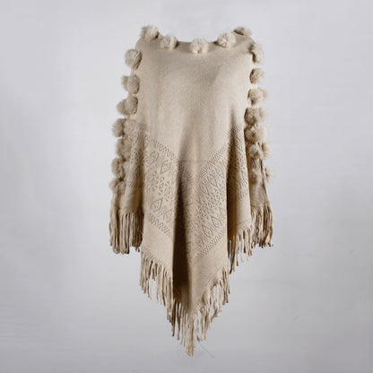Floral Tassel Fringed Pullover Pompom Collar Sweater Cloak Shawl Cape
