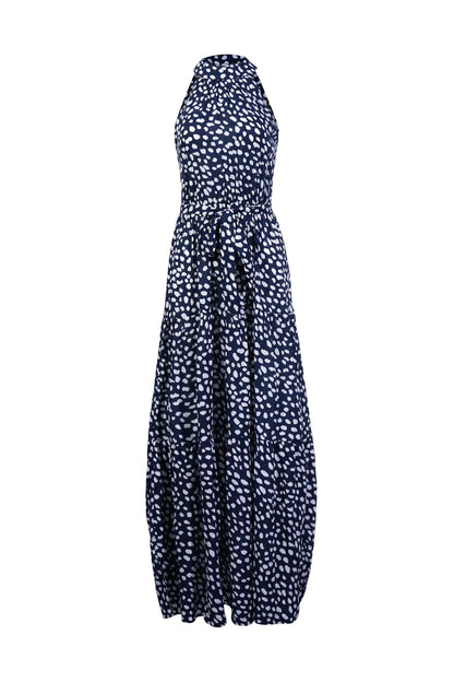 Royal Blue Wave Bohemian Boho Printed Hanging Neck Straps Maxi Dresses
