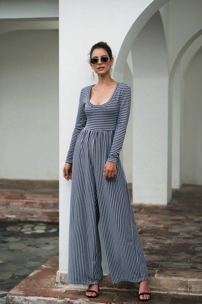 U-neck Sexy Wide-leg Long-sleeved Striped Jumpsuit