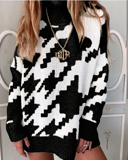 Geometric Shape Houndstooth Knit Vintage Sweater