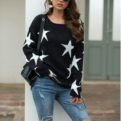 Star Pattern Round Neck Hole Sweater