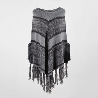 Tassel Fringed Pullover Geometric Pattern Sweater Cloak Shawl Cape