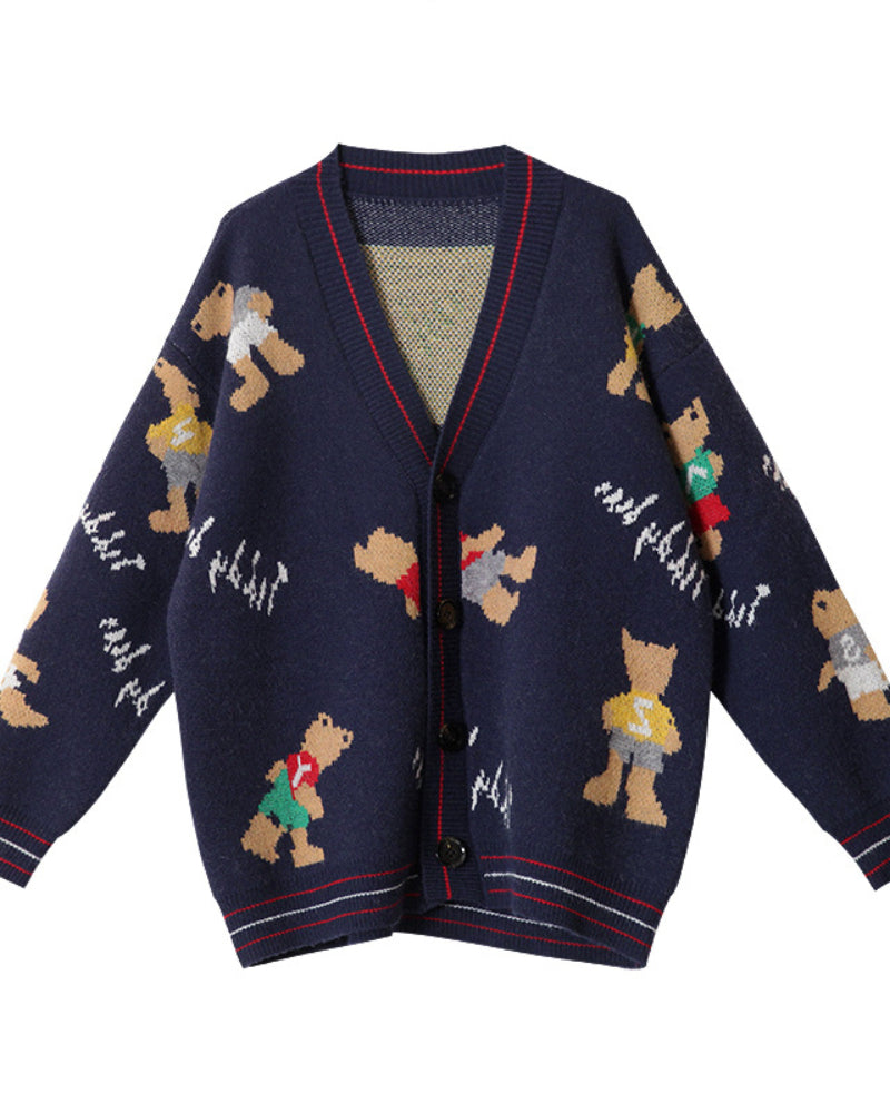 V-neck Single-breasted Bear Cartoon Knit Sweater Cardigan