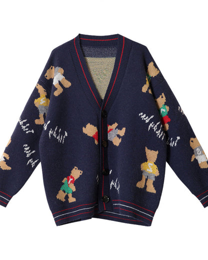 V-neck Single-breasted Bear Cartoon Knit Sweater Cardigan