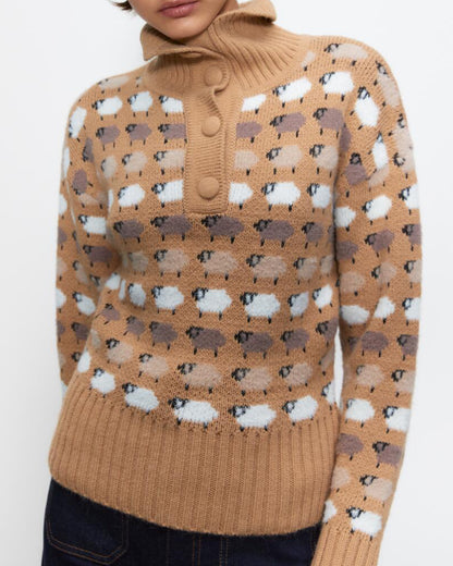 Knit Single-breasted High-collared Floral Sweater