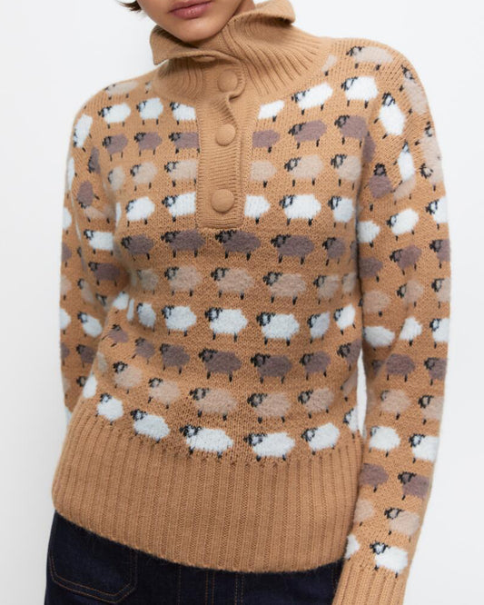 Knit Single-breasted High-collared Floral Sweater
