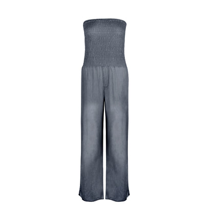 Tube Top Strapless Elastic Waist Slit Leg Denim Jumpsuit