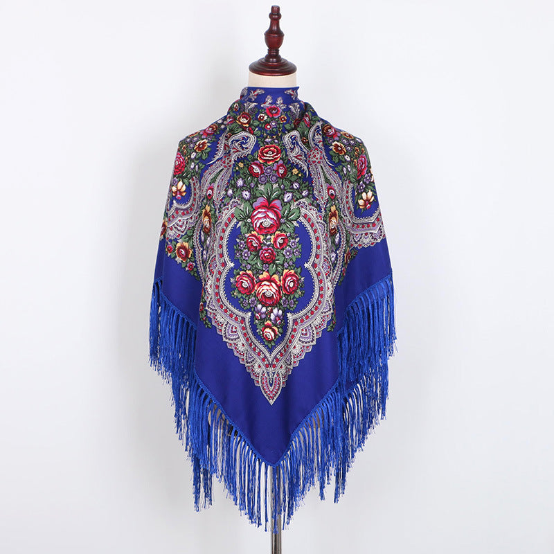 Ethnic Retro Flower Square Scarf Shawl Fringed Scarves for Women Ladies Girls