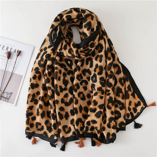 Tassel Fringe Leopard Print Scarf Shawl for Women Ladies Girls