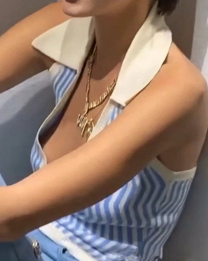 Single-breasted Knit Pile Collar Crop Camis Tank Tops Blouses