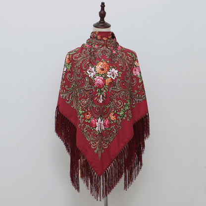 Ethnic Retro Flower Square Scarf Muslim Shawl Fringed Scarves for Women Ladies Girls