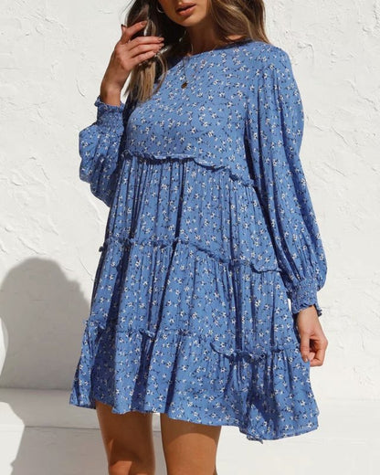 Floral Ruffled Shirred Frill Elastic Sleeve Vacation Mini Dresses