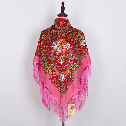Ethnic Retro Flower Square Scarf Muslim Shawl Fringed Scarves for Women Ladies Girls