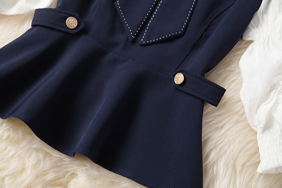 Ruffled Hem Blazers Splicing Chiffon Sleeve and Pants Two-piece Set Blue