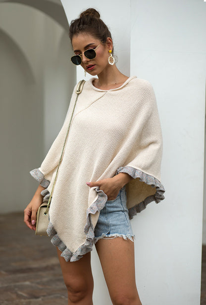 Ruffled Hem Crimped Collar Sweater Cloak Shawl Cape Cardigans