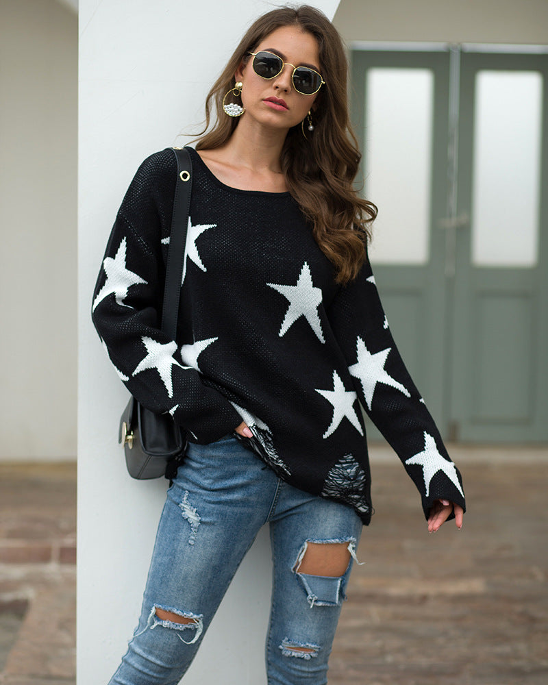 Star Pattern Round Neck Hole Sweater