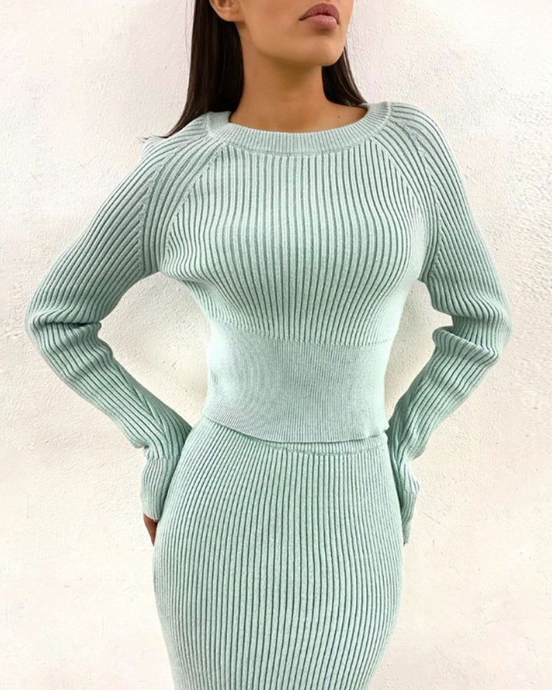 Splicing Elastic Waist Bodycon Sweater Dresses Crop Tops Skirt Two-piece