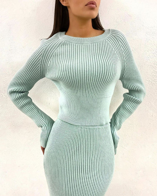 Splicing Elastic Waist Bodycon Sweater Dresses Crop Tops Skirt Two-piece