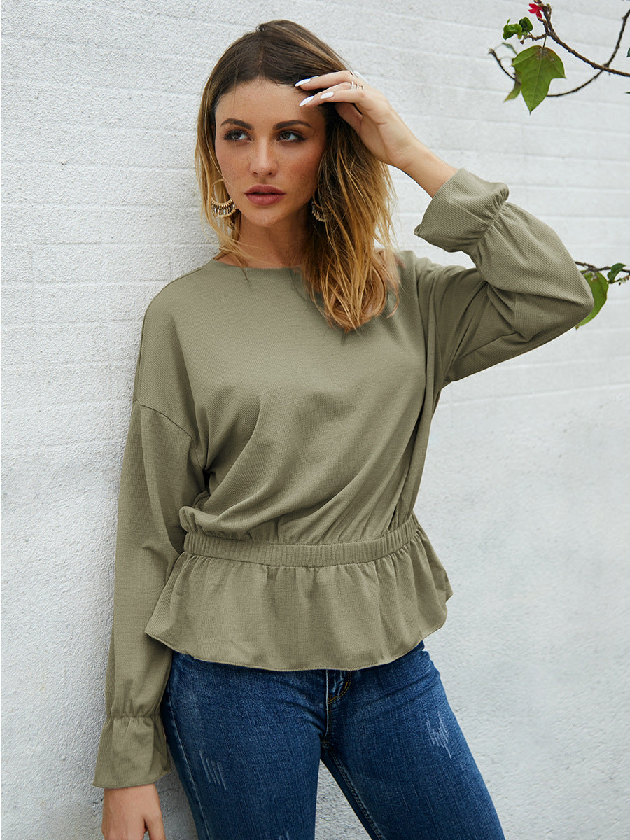 Round Neck Bell Sleeve Long Sleeve Shirt