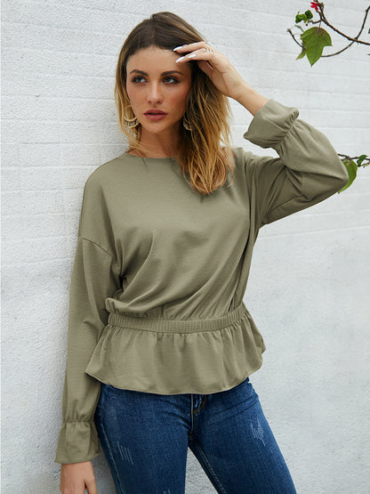 Round Neck Bell Sleeve Long Sleeve Shirt