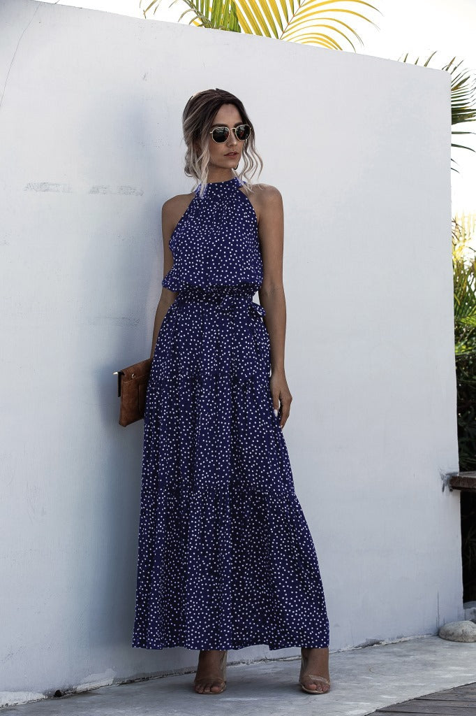 Navy Blue Wave Bohemian Boho Printed Hanging Neck Straps Maxi Dresses