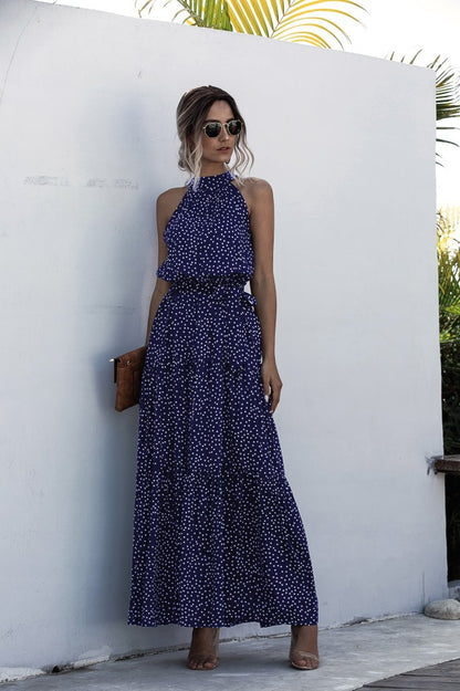 Navy Blue Wave Bohemian Boho Printed Hanging Neck Straps Maxi Dresses