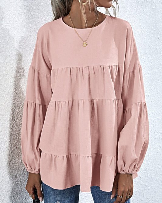 Round Neck Lantern Elastic Bubble Sleeve Blouses