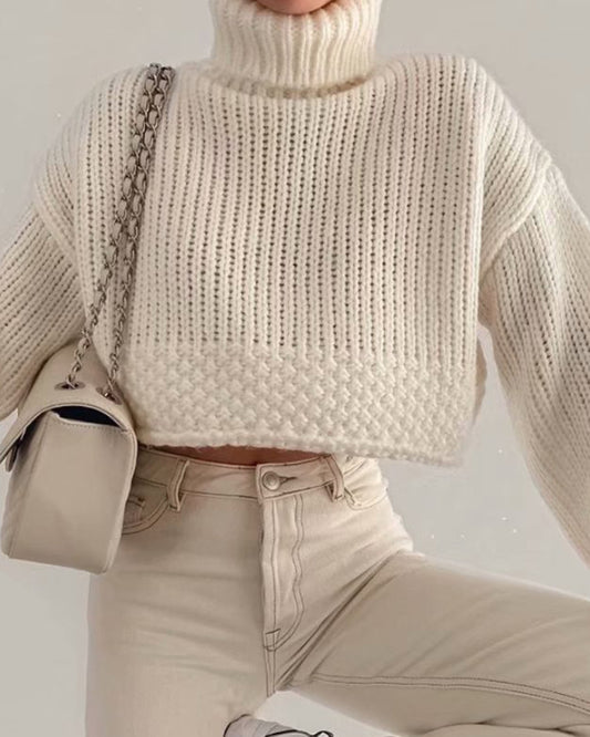 Knit Lantern Sleeve High Collar Crop Tops Sweaters