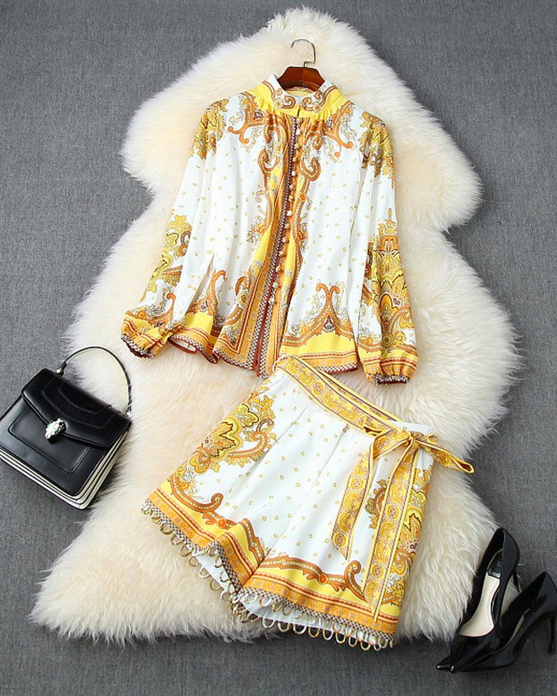 Palace Style Printing Single-breasted Shirt Lace-up Shorts Two-piece Set