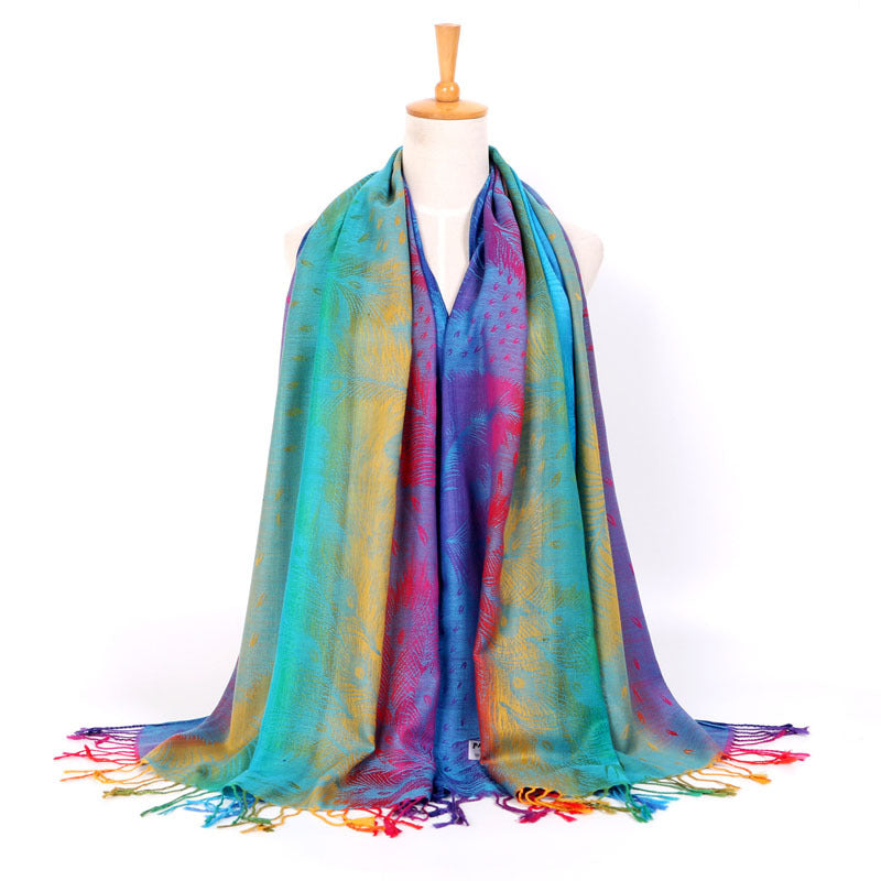 Rainbow Feather Print Long Scarf Shawl Fringed Scarves for Women Ladies Girls