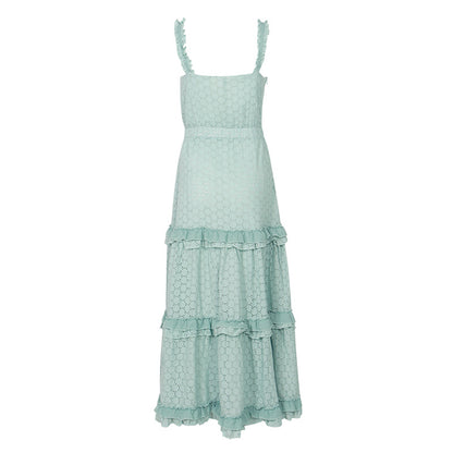 Hollow Lace Ruffle Stitching Strap Bodycon Evening Maxi Dresses
