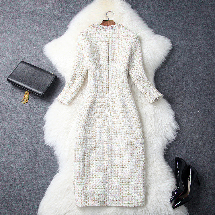 Vintage Long Sleeve Tweed Round Neck Diamond Slim Midi Bodycon Dresses