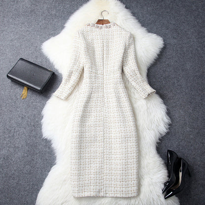 Vintage Long Sleeve Tweed Round Neck Diamond Slim Midi Bodycon Dresses