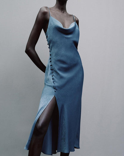 Sling Backless Silk Satin Slit Leg Midi Dresses