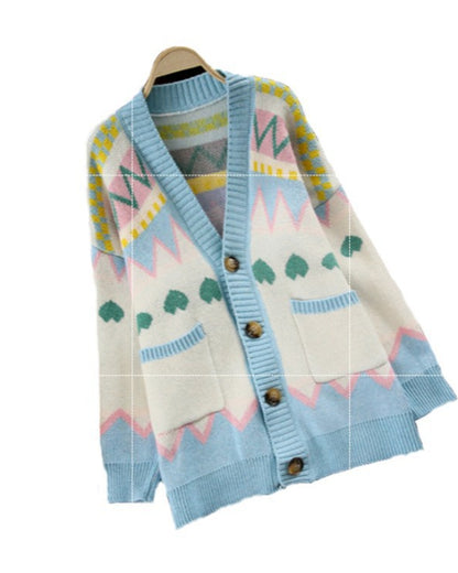 Argyle Pattern Geometry Contrast Color Cardigan Knit Sweater Outerwear