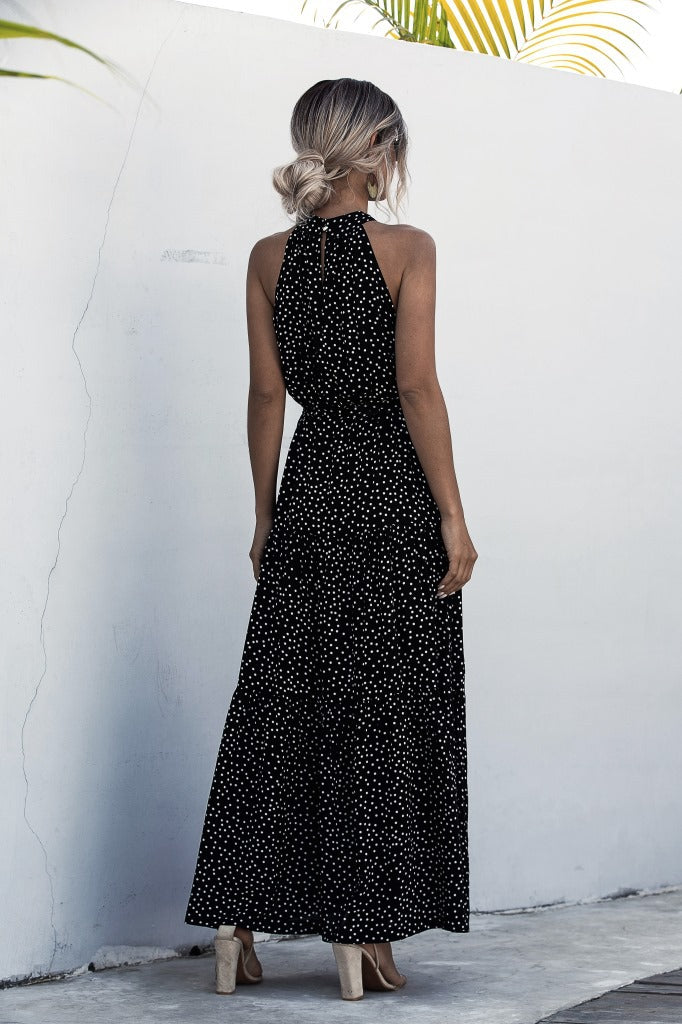 Black Wave Bohemian Boho Printed Hanging Neck Straps Maxi Dresses